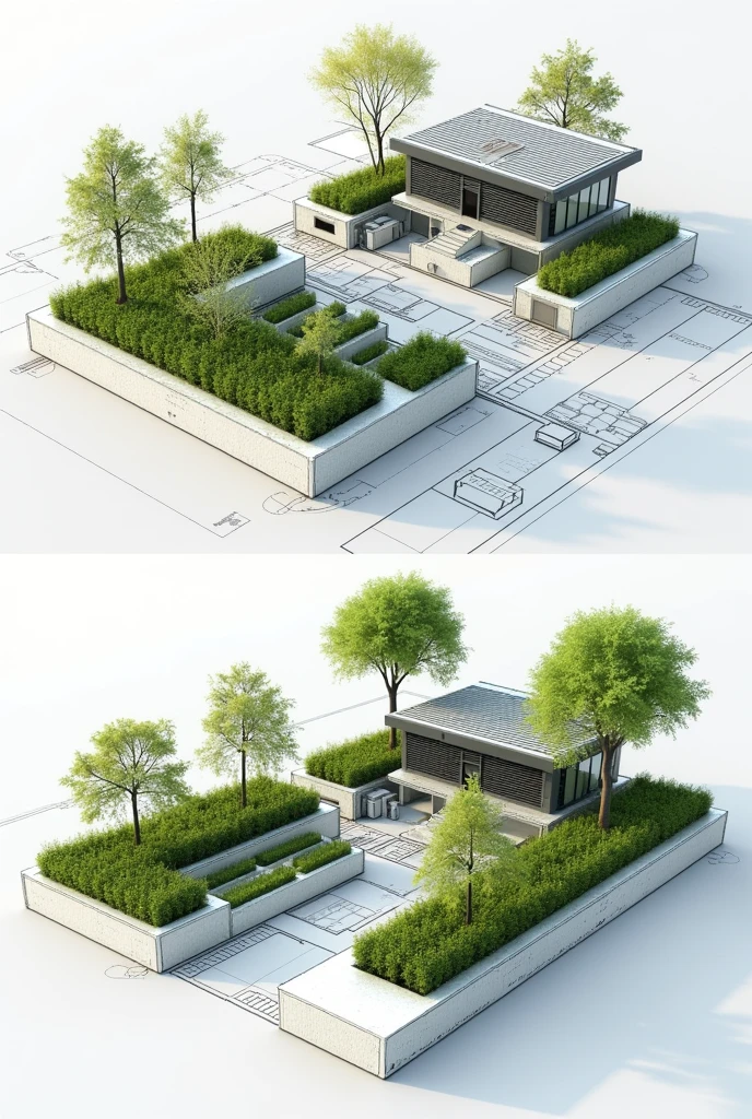 Black and white plan of an automated garden with lighting and irrigation in 2D and 3D
