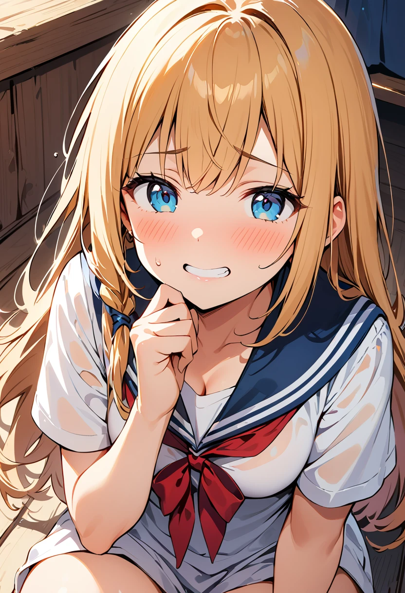 (Highest quality, 4K, masterpiece :1.3),（chest、Attractive body 1,3）、Embarrassed face、Embarrassing、Put your hand on your cheek、（Sailor swimsuit）、Girl sitting、You can see the ocean、Mouth slightly open、Lip details、Highly detailed face