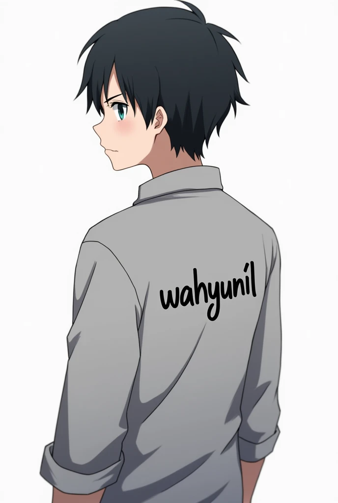 A male character anime with short black hair, wearing a long-sleeved shirt, with the name WAHYUNI`L written on the back of the shirt. Stand up straight