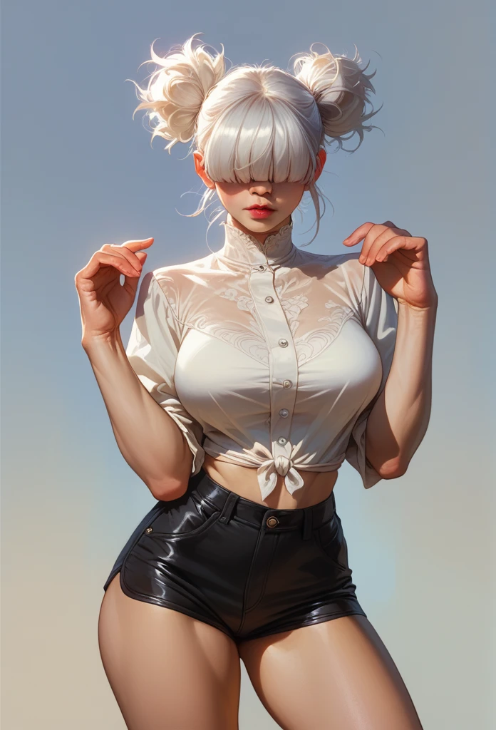 detailing face, detailing body, hair over eyes, 1 girl, standing alone, hands, beautiful woman, Asian, thick, short white blouse tied, short shorts, ptinta eyes, white hair ptinta locks, twin tails, realistic, textures, 8K, perfect hand, perfect anatomy, visible curves, big Breasts, Sexy pose