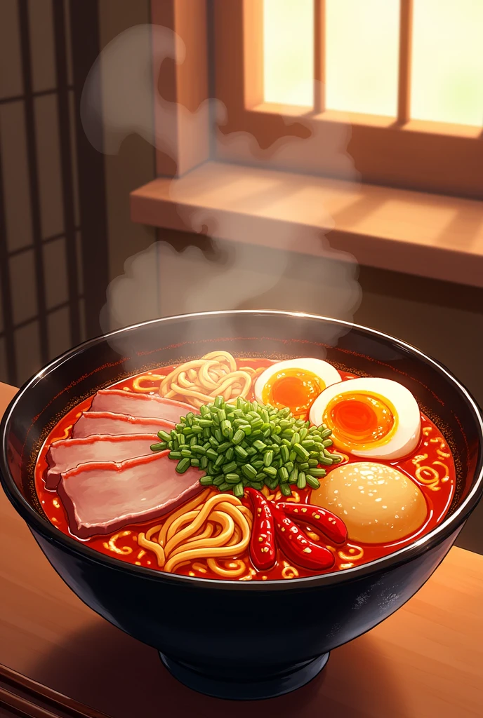 Create an image of a bowl of spicy ramen in an anime style. The ramen should have a vibrant, glowing red broth with swirls of steam rising dramatically, giving it an intense, fiery appearance. The bowl should be overflowing with colorful toppings: tender slices of pork, a perfectly halved soft-boiled egg with a bright golden yolk, crunchy green onions, and bamboo shoots. Fiery red chili peppers should be prominently featured, along with a vivid dollop of chili paste that almost seems to radiate heat. The scene should be set in a cozy, traditional Japanese kitchen, with soft, warm lighting and wooden textures, all drawn in a detailed and stylized anime art style. The focus should be on the ramen, with exaggerated details that make it look both appetizing and a bit intimidating due to its spiciness.
ChatGPT can make m