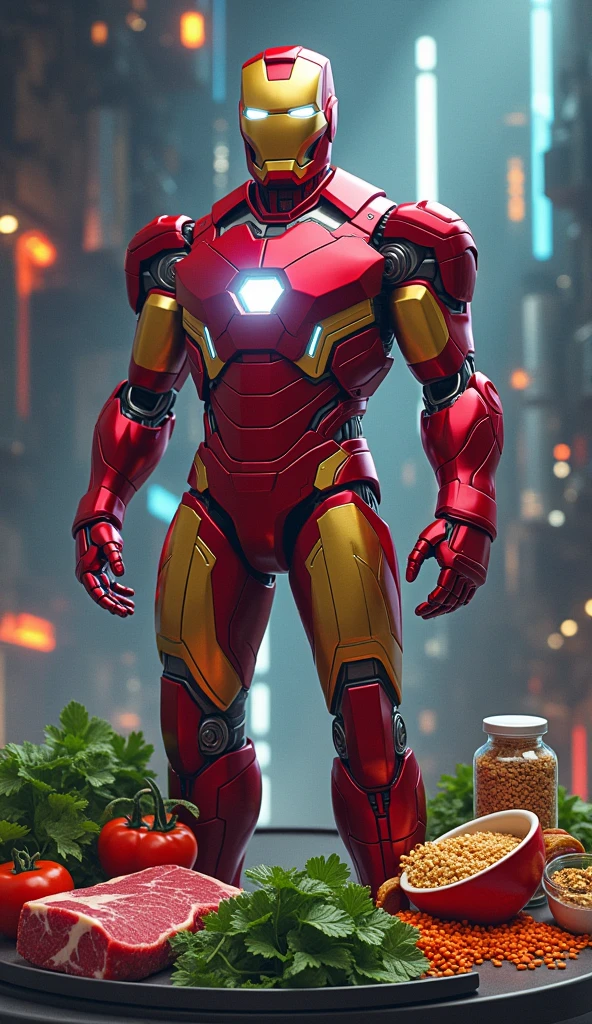 What food to eat when iron deficiency make it as a picture in ratio of (9:16) with the concept of marvel character (iron man) saying.