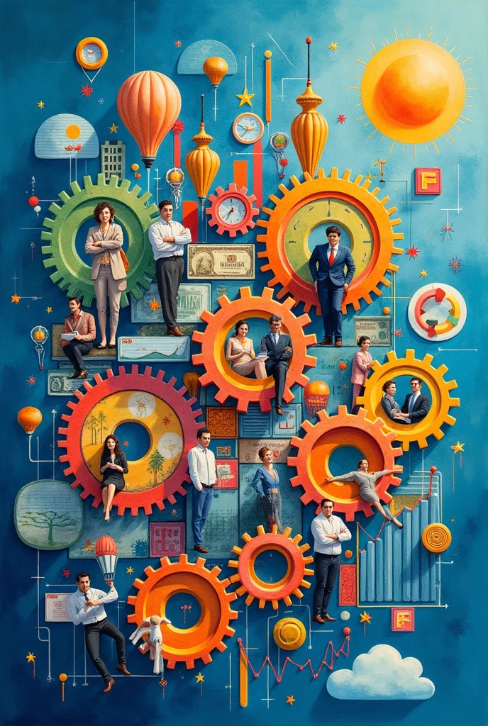 Create three-dimensional gears, circles, and squares, currency, graph lines, and many businessman and businesswoman images. Using watercolor and mixed media Use bright colors The light source is in the upper right corner,background blue. --ar 2:3