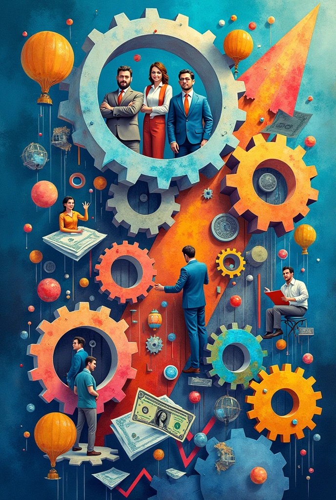 Create three-dimensional gears, circles, and squares, currency, graph lines, and many businessman and businesswoman images. Using watercolor and mixed media Use bright colors The light source is in the upper right corner,background blue. --ar 2:3