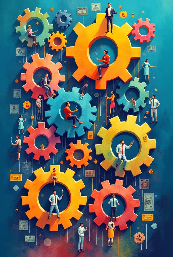 Create three-dimensional gears, circles, and squares, currency, graph lines, and many businessman and businesswoman images. Using watercolor and mixed media Use bright colors The light source is in the upper right corner,background blue. --ar 2:3