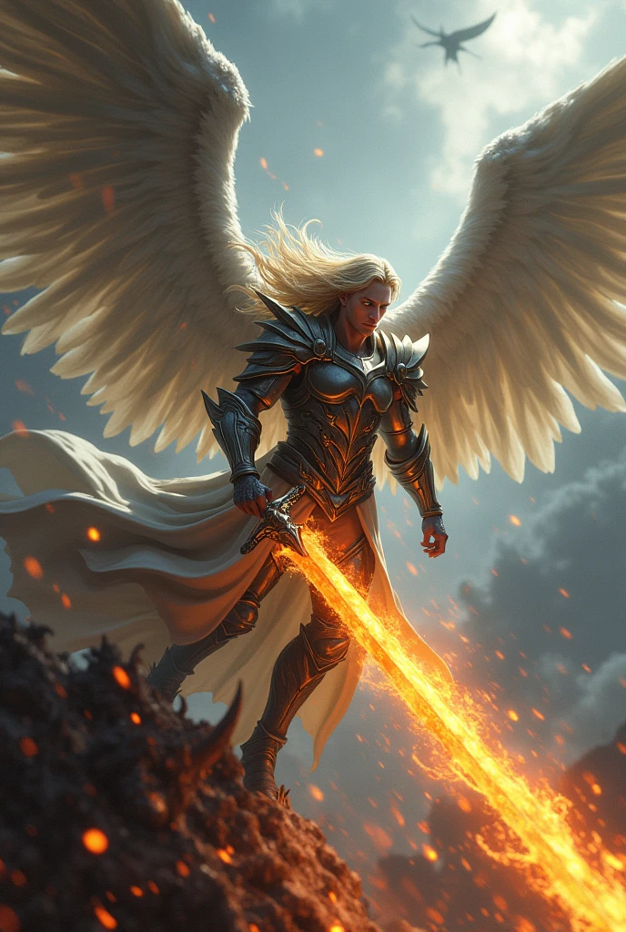 Winged Warrior,  long  hair ,blond, blue garlic,6 angelic wings,burning sword, male fighting a demon