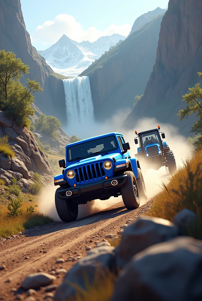 Blue bolero jeep in morning mountain race with tractor near of water fall