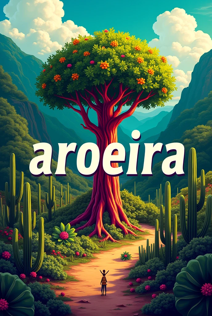 The typical aroeira plant from the northeast centered in the middle, and more elements of the northeastern hinterland spread throughout the photo and the word “AROEIRA” written in large bold letters, it could be one more image as it is for a 3rd year class