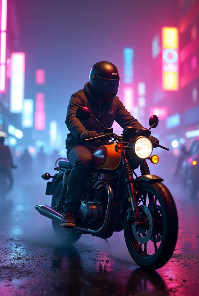 A Indian man riding Yamaha rx100 in Bangalore cyberpunk neon and pink blue purple lights fog