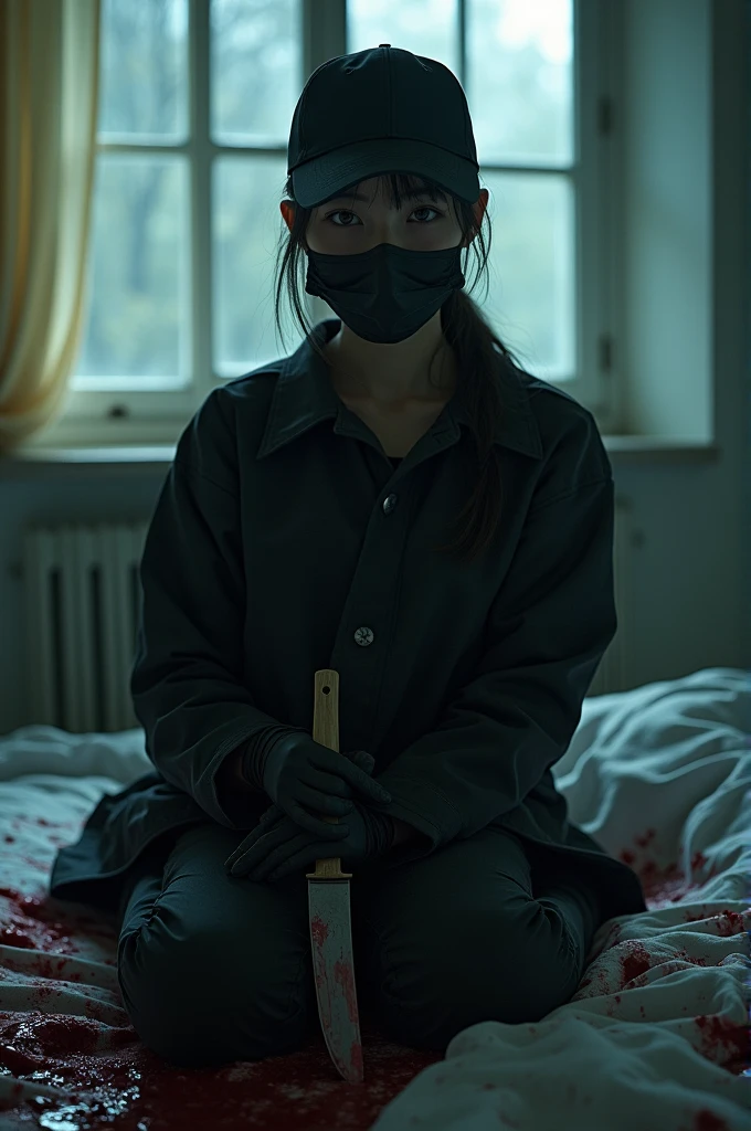 korean girl, (behind stiff, holding knife), stabbing, black surgical mask, black gloves, torture chamber, black raincoat, trucker hat, holding knife, black gloves, woman on top, behind cadaver, blood splatter, on the bed, looking at viewer, mass murderer, killer, low ponytail, blood splatter, cinematic lighting, atmospheric realistic, light from the window,
