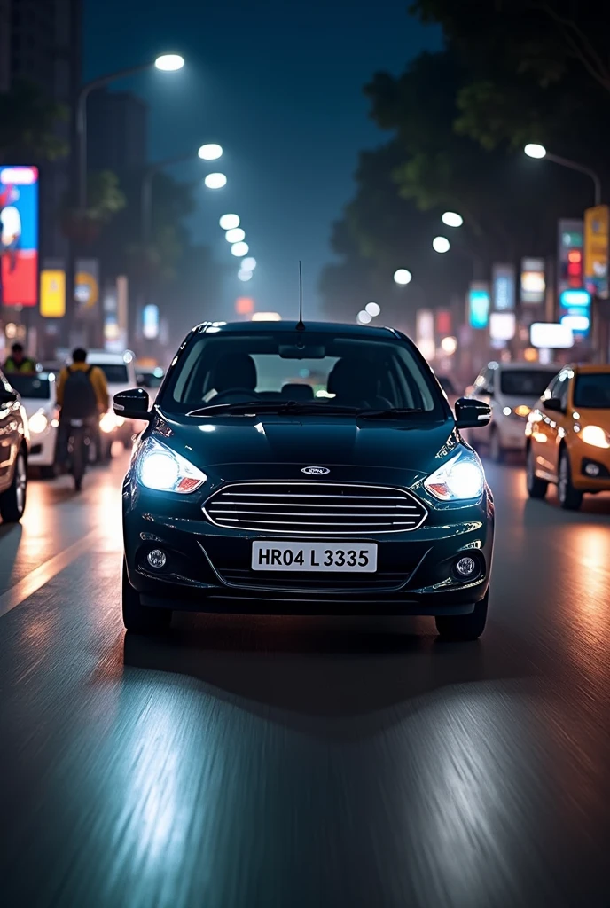 black ford figo titatanium tdci with registration number HR04 L 3343 on indian traffic fast in night