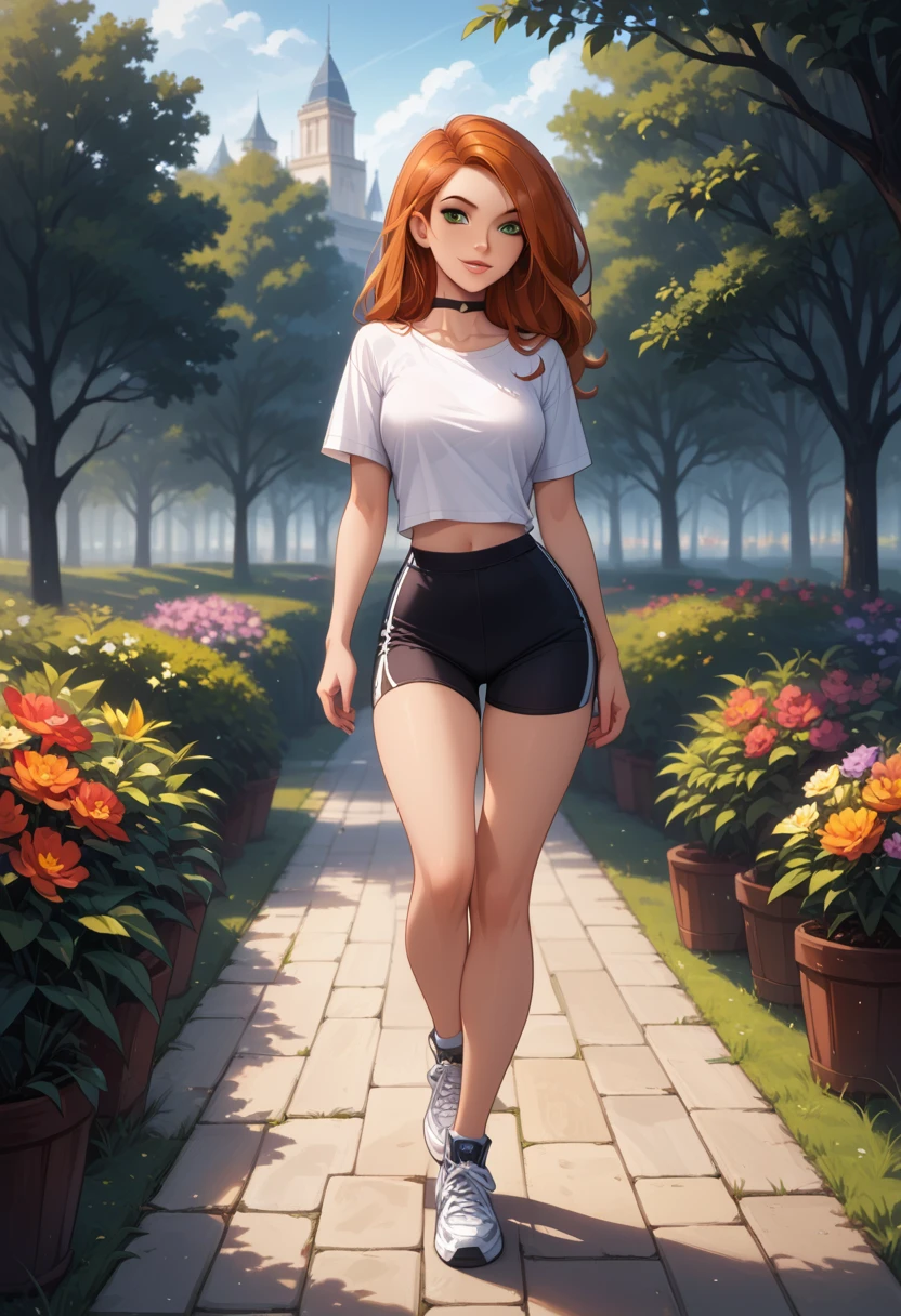 score_9, score_8_up, score_7_up, score_6_up, rating_safe, source_cartoon, BREAK beautiful Kim Possible (orange-red hair:1.1), sexy smirk, BREAK sexy gym attire, sneakers, choker, BREAK walking in park, daytime, sunny, beautiful trees and flowers, BREAK shallow depth of field, BREAK highly detailed, bokeh, moody, epic, gorgeous, grainy, BREAK (ultra-detailed), (best illustration), (best shadow), (absurdres), (detailed background), (very aesthetic).