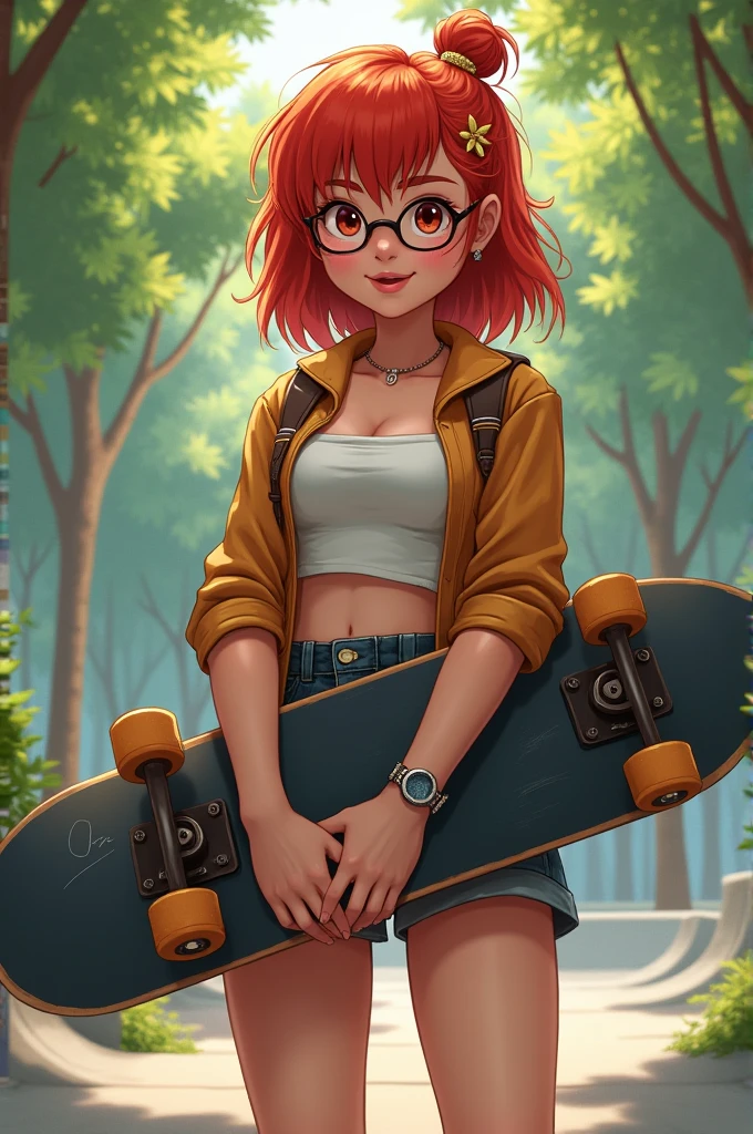 Create red-haired girl wearing glasses with a skater style holding a skateboard in her arms with accentuated legs and medium chest with a super realistic face and on a background of a skate park with lots of trees in the place