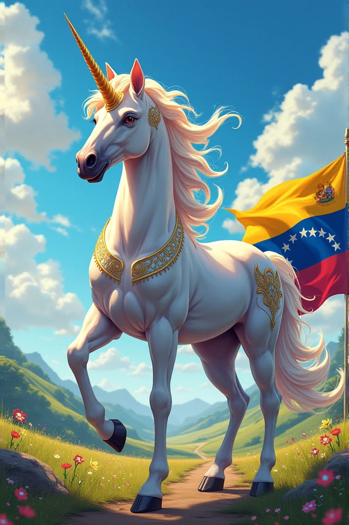 Anime-style unicorn with the head of Edmundo González and the flag of Venezuela 