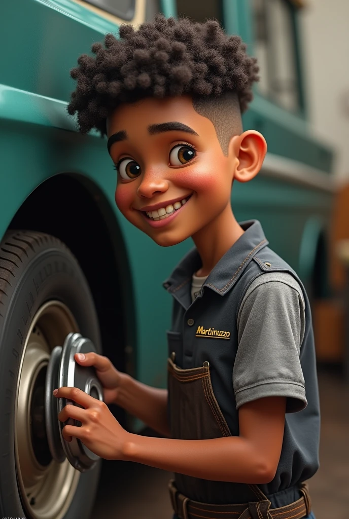 a 2 boy with brown skin color, curly hair but cut with a machine in a disguise, wearing a short-sleeved gray blouse and on the right side of the blouse the name martinuzzo in very small yellow,He has a very thin beard that is almost invisible and his smile is big and shows his gums. He is a mechanic and is holding a car hubcap next to a mechanic's ramp.