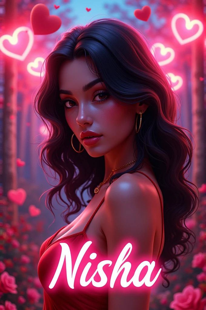 Create a realistic 3d image of "Nisha" in style bold font, love background, neon . Capital letter. Fluet on letters