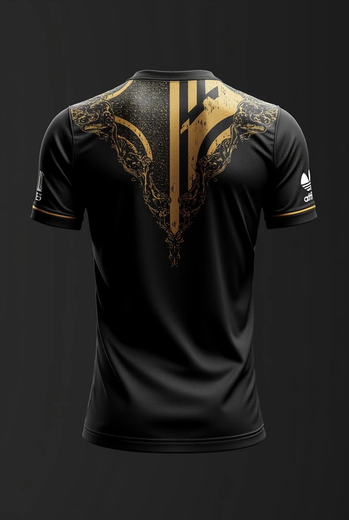 A black soccer jersey with designs and gold on the back and another more special design on the front but not so special that it has several things on the front and back like a splash paint on the back not on the sides that has a bit of stripes and the back is more creative that has a bit more gold without the horizontal stripes but with more gold another design another but with stripes another