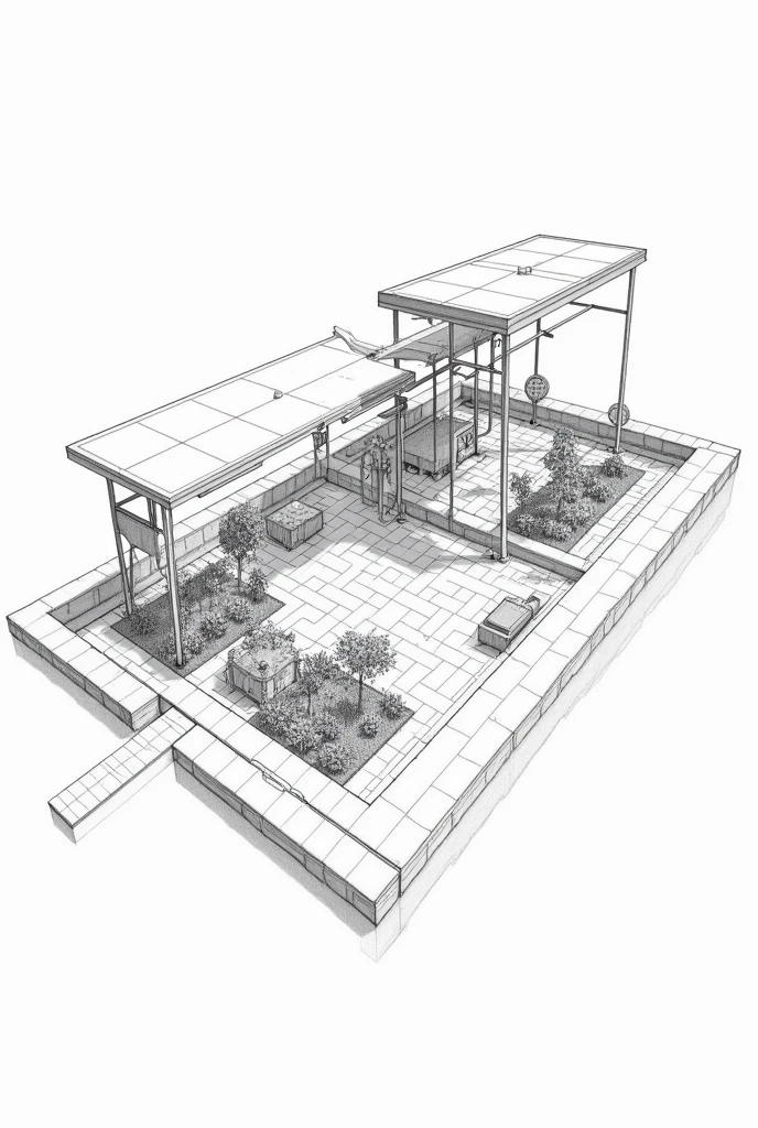 Black and white plan of an automated garden with lighting and irrigation in 2D