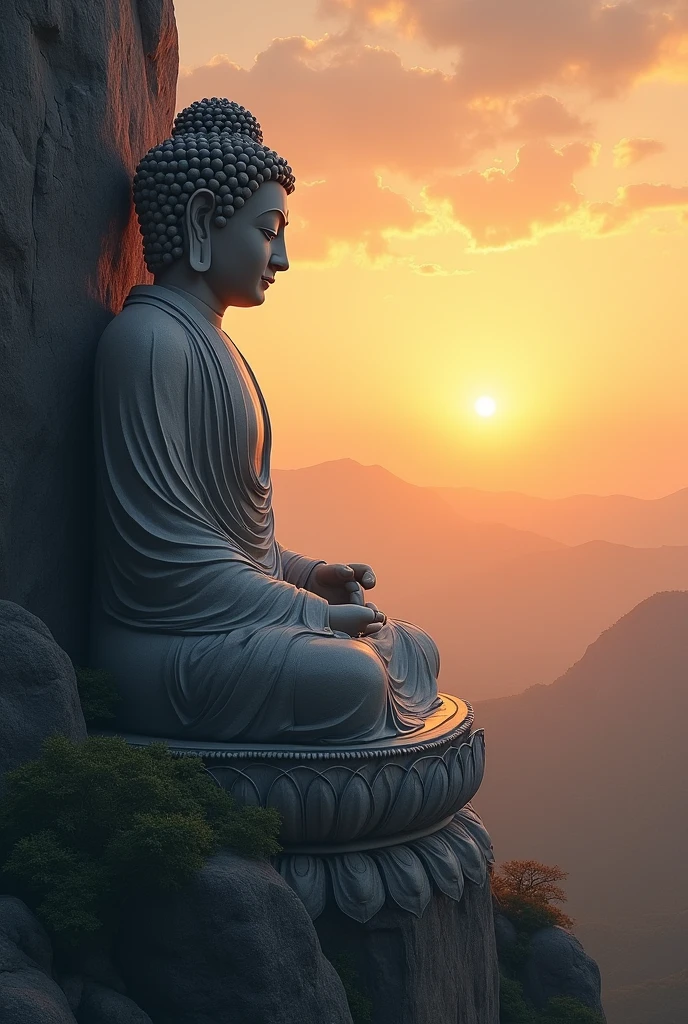  A colossal Buddha statue carved into the side of a mountain, overlooking a vast landscape at sunrise. The statue is carved with meticulous detail, from the flowing robes to the serene expression on Buddha’s face. The scene captures the first light of dawn, with the rising sun casting a golden glow over the statue and the landscape below. The statue’s eyes are slightly open, gazing out over the world with a sense of infinite compassion. The art style is epic and grand, focusing on the scale and majesty of the statue and the natural beauty of the setting.
