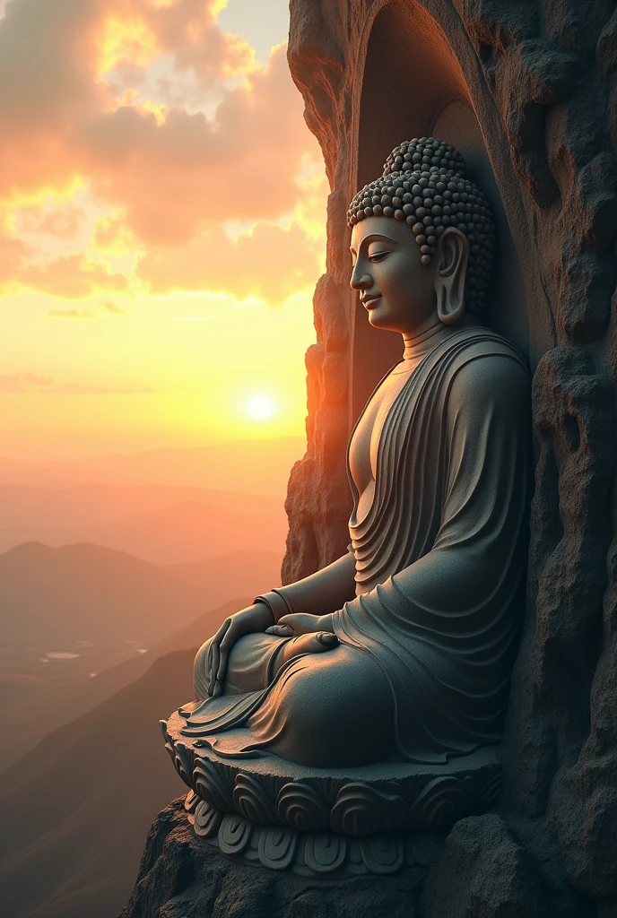 A colossal Buddha statue carved into the side of a mountain, overlooking a vast landscape at sunrise. The statue is carved with meticulous detail, from the flowing robes to the serene expression on Buddha’s face. The scene captures the first light of dawn, with the rising sun casting a golden glow over the statue and the landscape below. The statue’s eyes are slightly open, gazing out over the world with a sense of infinite compassion. The art style is epic and grand, focusing on the scale and majesty of the statue and the natural beauty of the setting.