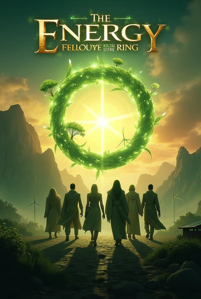 "An epic and detailed movie poster titled 'The Fellowship of the Ring', Inspired by the universe of The Lord of the Rings. in the center of the poster, A group of characters reminiscent of the original community is found, but each one carrying elements related to renewable energies: SOLAR PANELS, wind turbines and luminous crystals. The central ring glows with an intense green light, symbolizing a source of pure and inexhaustible energy. The background shows the iconic landscapes of Middle Earth, like majestic mountains and lush forests, but with futuristic touches, as ecological cities integrated into nature. The sky is painted in the golden and orange hues of a sunrise, symbolizing a new beginning. The title 'The Energy Fellowship of the Ring' appears at the top in elegant, gold typography., Adorned with delicate elven motifs and sparkles of light. Lighting and contrasts highlight every detail, creating an inspiring and hopeful atmosphere that fuses classic fantasy with a sustainable vision of the future."
