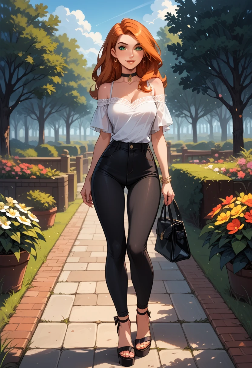 score_9, score_8_up, score_7_up, score_6_up, rating_safe, source_cartoon, BREAK beautiful Kim Possible (orange-red hair:1.1), sexy smirk, BREAK tight pants, wrap blouse, wedge sandals, choker, BREAK walking in park, daytime, sunny, beautiful trees and flowers, BREAK shallow depth of field, BREAK highly detailed, bokeh, moody, epic, gorgeous, grainy, BREAK (ultra-detailed), (best illustration), (best shadow), (absurdres), (detailed background), (very aesthetic).