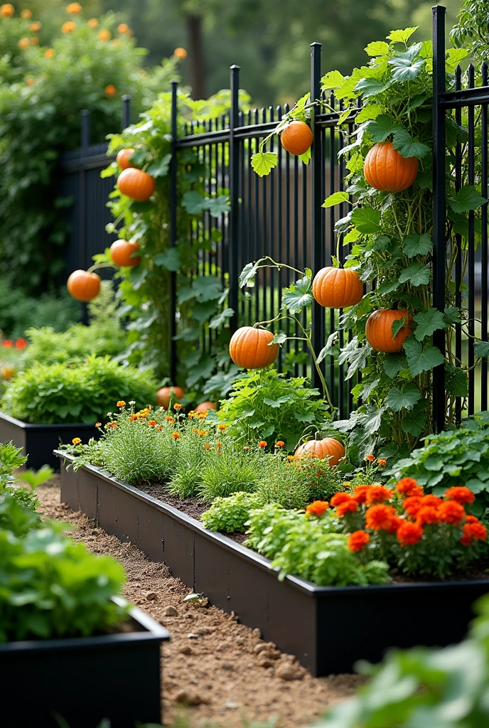 Make a fenced in raised metal bed garden with lots of vegetables and flowerbeds and trellises with pumpkins make the fence black