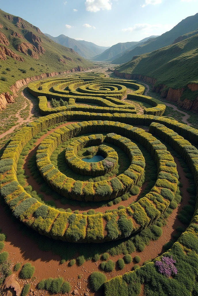 Generates a work of Land art located in El Puerto de Taquile in Puno, Peru with local materials, that it is attractive and with vegetation, that are not clumsy, staggered and spiral, with a lot of design, beautiful and majestic, that it is touristy


