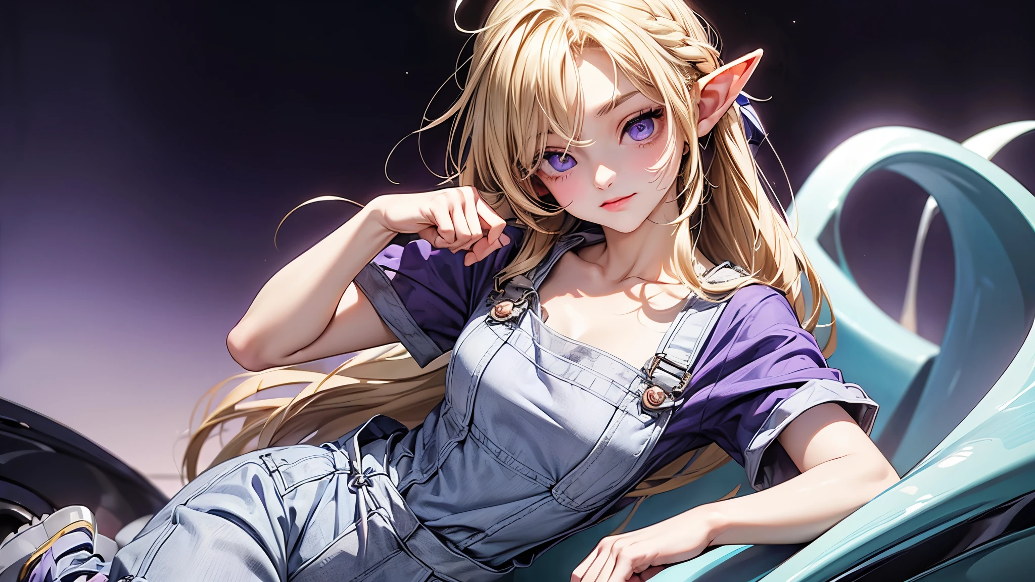 ((Masterpiece)), (Anime:1.5), ((best quality)), (RAW photo:1.2), (High Definition:1.3), (Professional Photography:1.2), (), (1girl), cute young girl, (paw posing:1.4), BREAK, (naughty face:1.3), (Beautiful purple daiamond eyes:1.5), (pale skin), elf girl, wearing Gray Workwear Coveralls, flat chest, slender waist, BREAK, (hair over eyes:1.2), Silky unruly hair, medium hair, ((blond hair)), wearing Gray Workwear Coveralls, ((outside The Frozen Desert)),