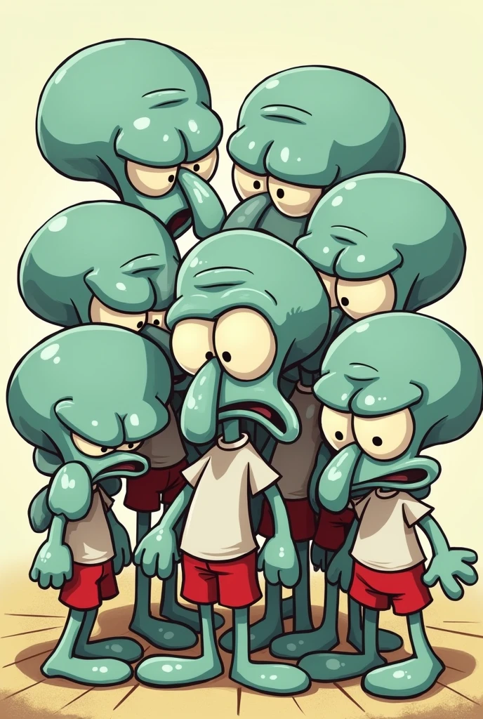 Create an image about the meme that was trending, Momasos Diego, only instead of Momasos Diego says "Momasos Jueguito" and in it appear 11 Squidward from the Sponge Bob series, Two of them will only be white but not too much, the others are slightly brown skin tone
