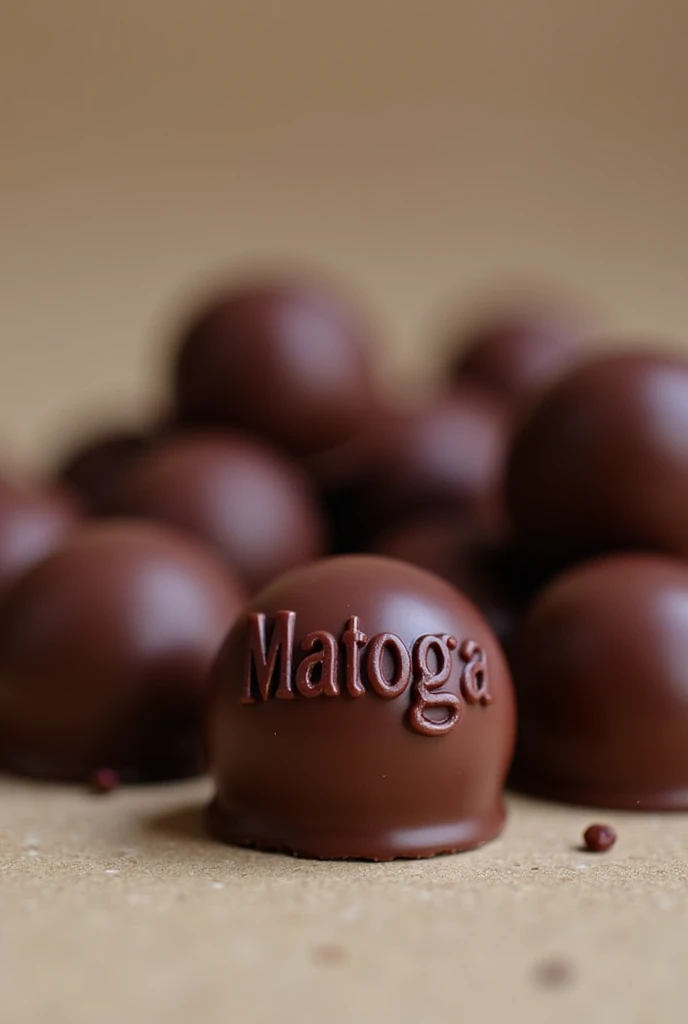 preparation of table chocolate in balls that says Matoga in burgundy and looks artisanal
