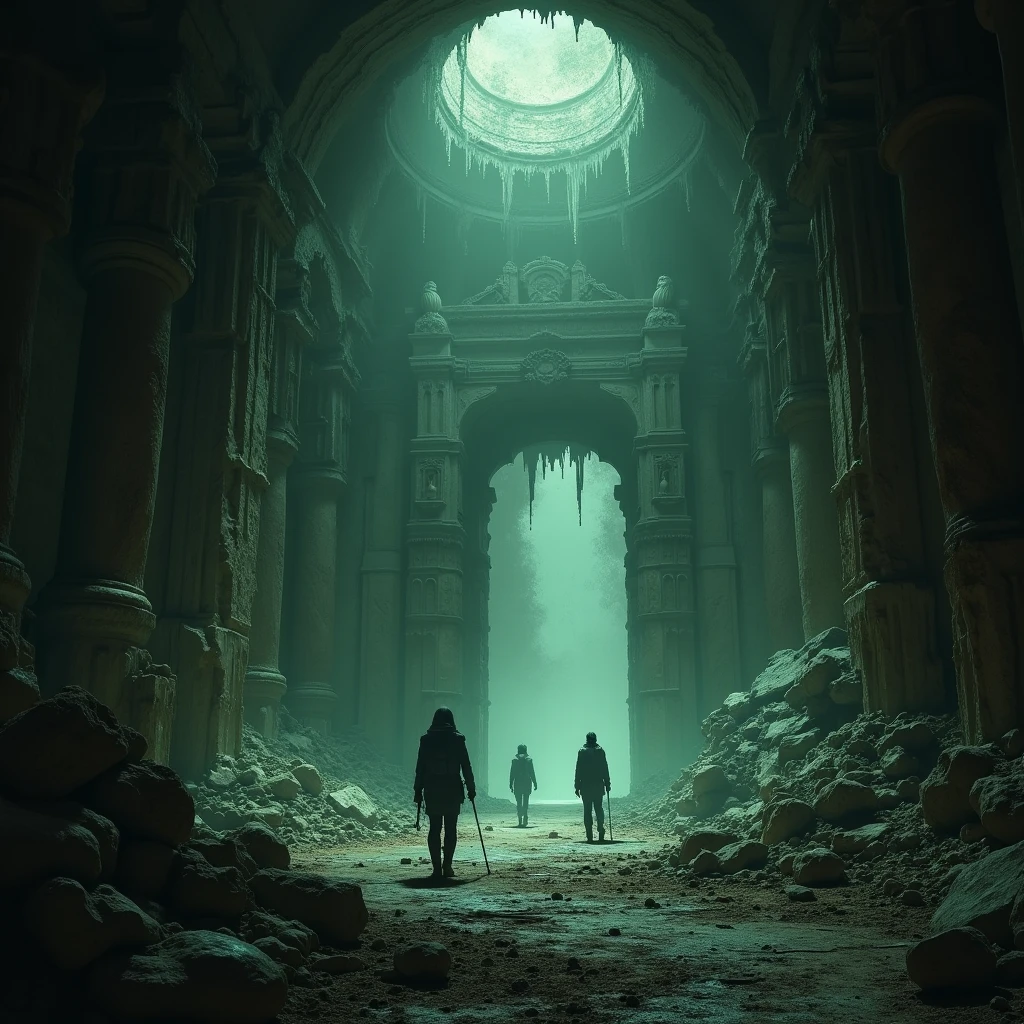 Deep underground, no daylight, the desolate ruins of an ancient civilization, dimly lit by some supernatural glow.