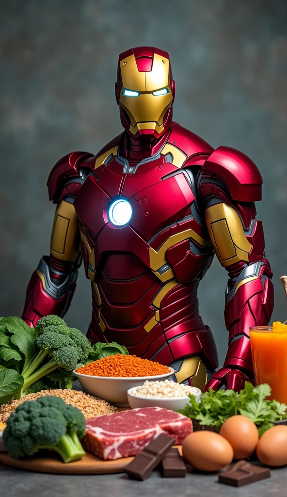 What food to eat when iron deficiency make it as a picture in ratio of (9:16) with the concept of marvel character (iron man with mask) saying. Minimum 10 foods,it should be more realistic 