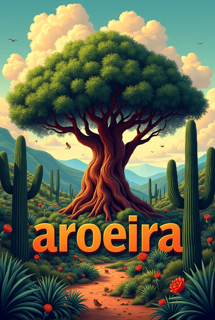 The typical aroeira plant from the northeast centered in the middle, and more elements of the northeastern hinterland spread throughout the photo and the word “AROEIRA” written in large bold letters, it could be one more image as it is for a 3rd year class