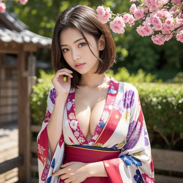 masterpiece、Highest quality、High resolution、Tabletop、wallpaper、Realistic、Bright lighting、Professional Lighting、Face Light、Smooth lighting、Japanese women、Adult female、Beautiful woman、、Modeled、gravure、sexy、so beautiful、Beautiful Skin、Beautiful and detailed、Detailed face、slim、Big Breasts、Cleavage 、short hair、Brunette Hair、Brown eyes、Looking into the camera、Japanese Kimono、Japanese Yukata、In Fair