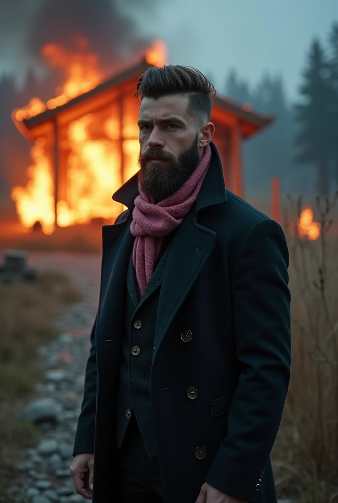 Un homme gay barbu sans moustache chauve et délicat vetu d’un costume sombre et une cravate rose et une ambiance infernale photo ultra réaliste avec un chalet enflammé en arrière plan