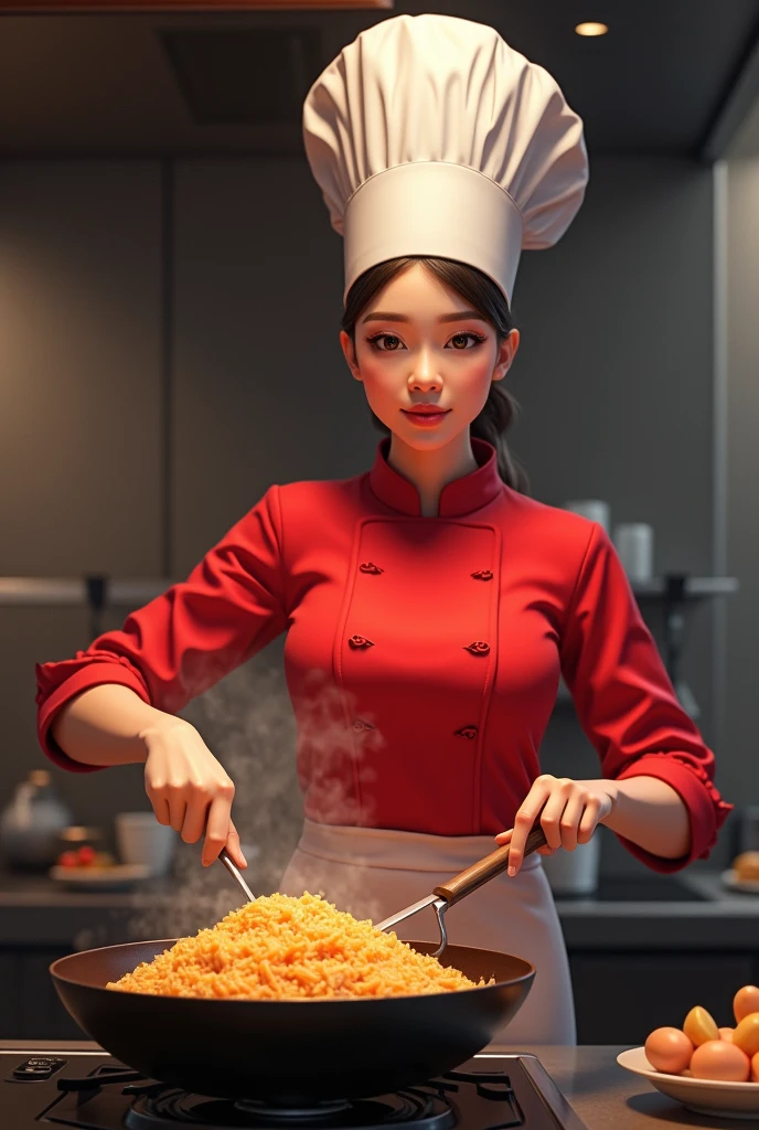 Create a female chef stirring fried rice at the stove. and wears a red chef's shirt and chef's hat