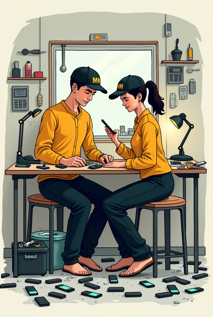 One man and woman 3d doodle  are technicians in workshop they are repairing mobile phones sitting on table so many cel phones around them and one lamp is also on on table they wear black pajama yellow top and cap on cap written mm