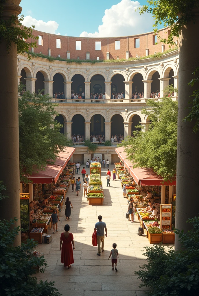 A supermarket or tourist places from a coliseum I want to see how it would look from a plan view ,more plant s,add another classical architecture construction