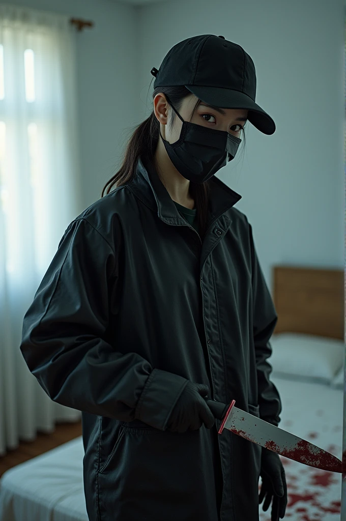 korean girl, (behind stiff, holding knife), stabbing black surgical mask, black gloves, white room, black raincoat, trucker hat, holding knife, black gloves, woman on top, behind cadaver, blood splatter, on the bed, looking at viewer, mass murderer, killer, low ponytail, blood splatter, atmospheric realistic, light from the window,
