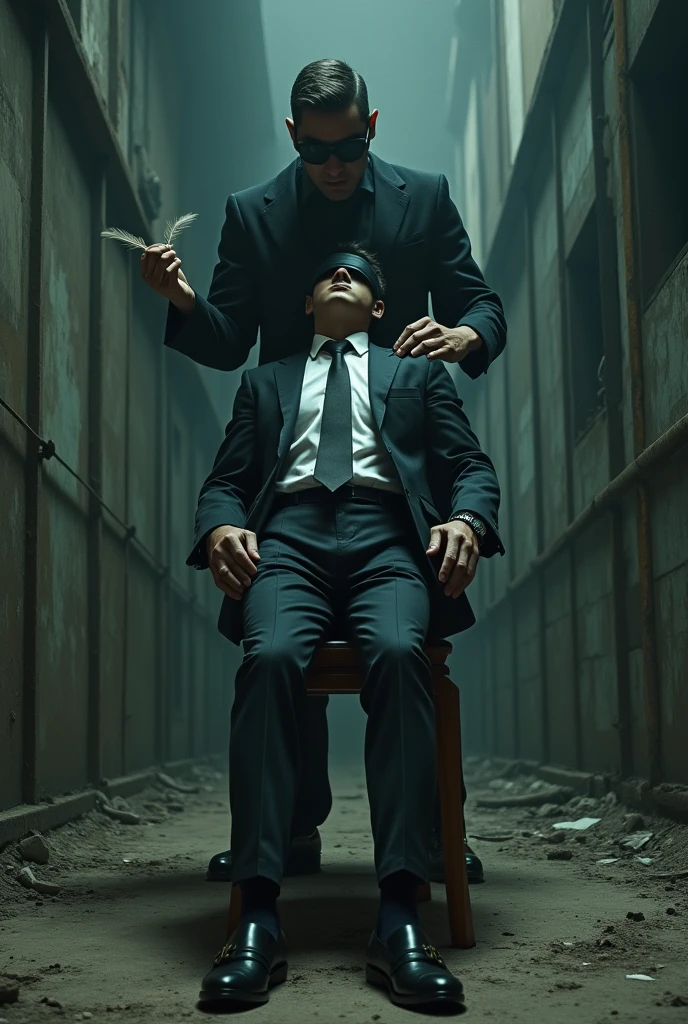 Naim (21) a handsome student in Selangor was napped,formal dress,with black loafers and black short socks Kaki Naim tied,hands tied and blindfolded in one of the old warehouses A male kidper points a feather at Naim