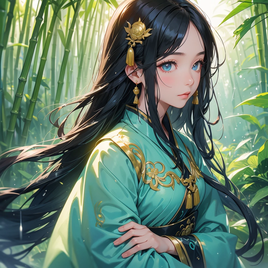 A beautiful girl with black long hair, wear blue ancient chinese clothes, with the sun shining on her face, close up.

The back is a lush green bamboo forest. The air after rain has water droplets splashing around.