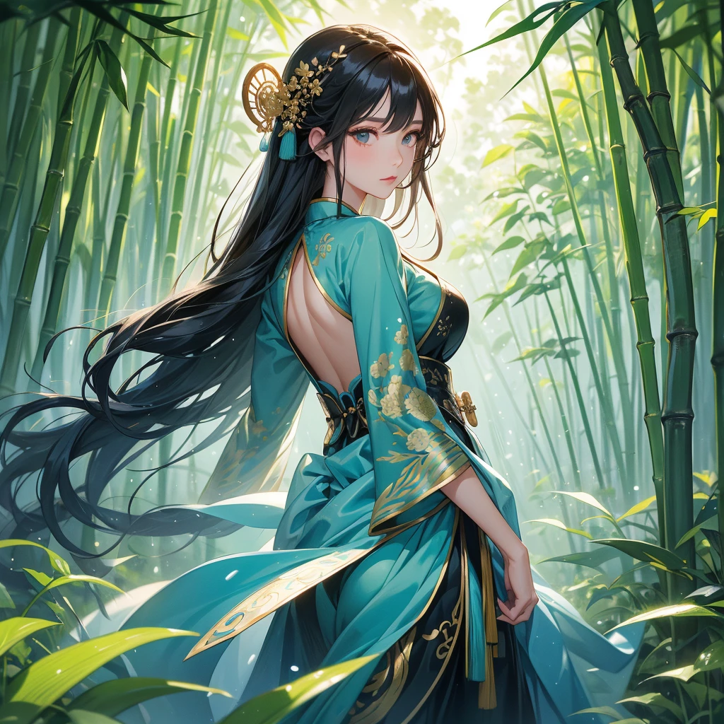 A beautiful girl with black long hair, wear blue ancient chinese clothes, with the sun shining on her face, close up.

The back is a lush green bamboo forest. The air after rain has water droplets splashing around.