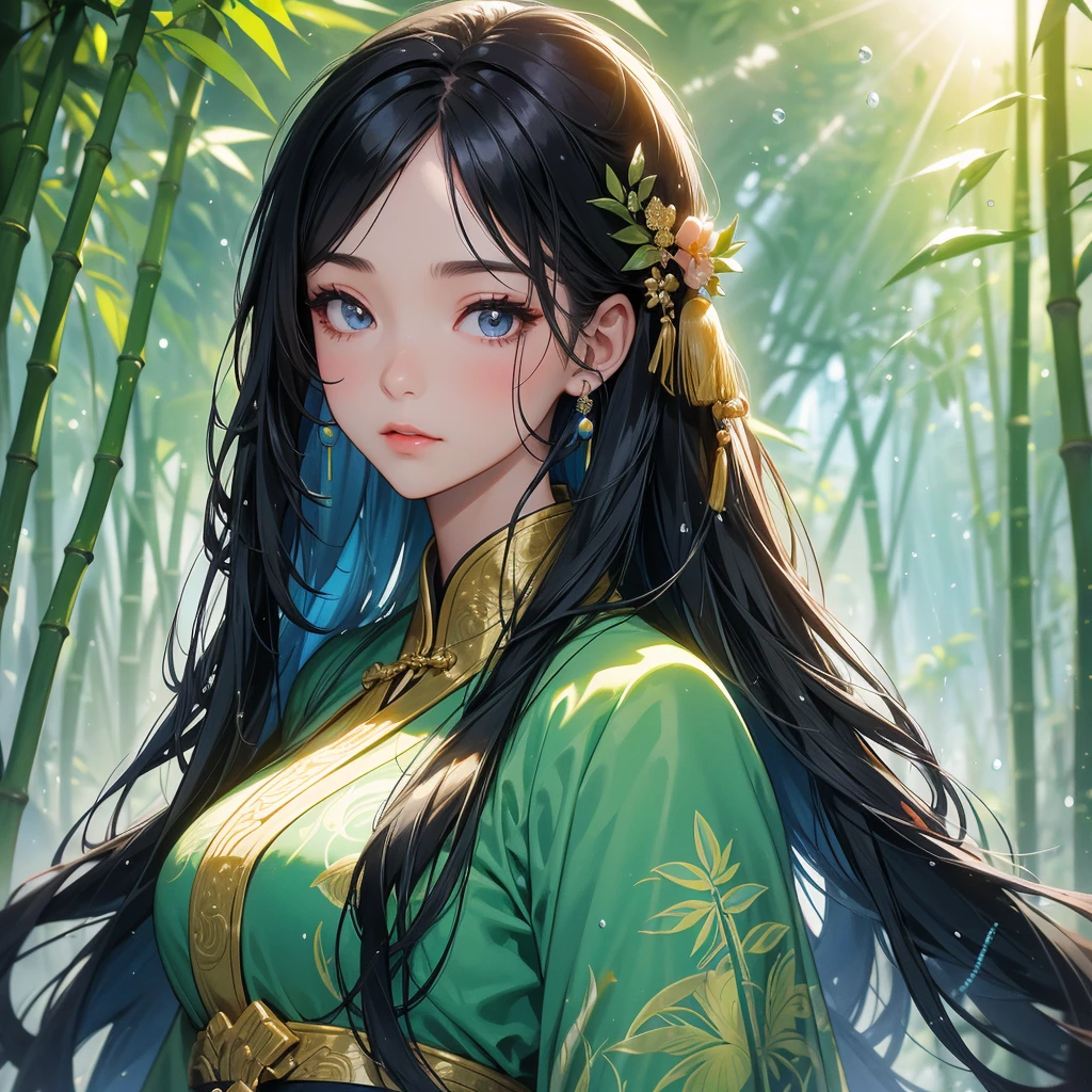 A beautiful girl with black long hair, wear blue ancient chinese clothes, with the sun shining on her face, close up.

The back is a lush green bamboo forest. The air after rain has water droplets splashing around.