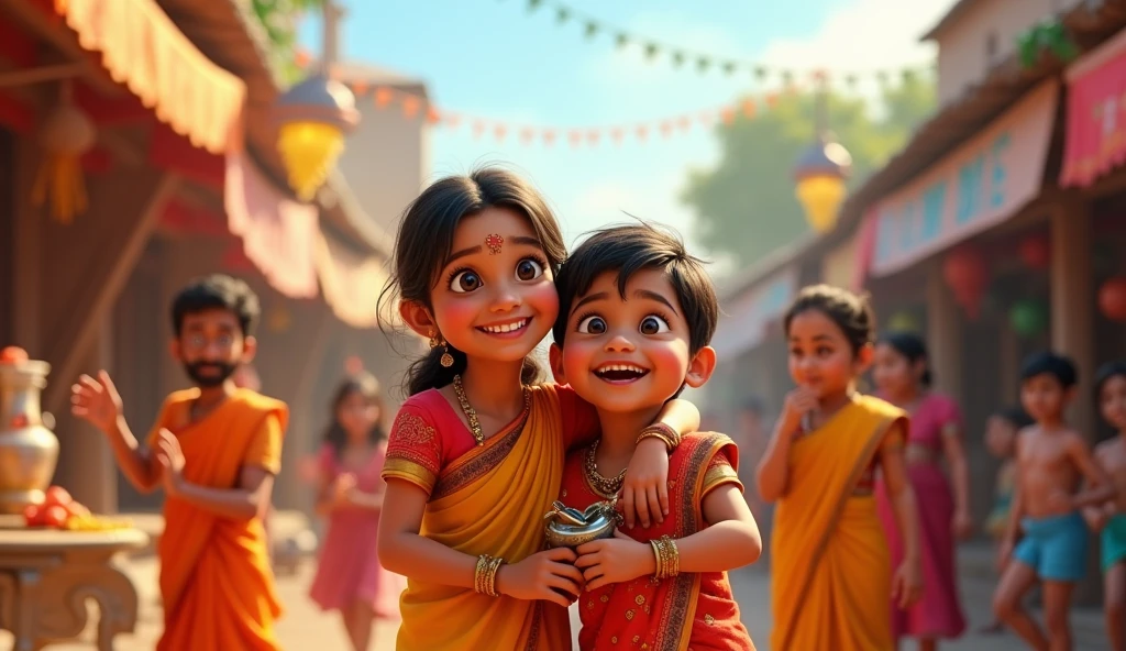 Generate a realistic photo.Image: A joyful village scene where everyone is celebrating. Chintu is smiling with his mother, and the village looks vibrant and full of life.