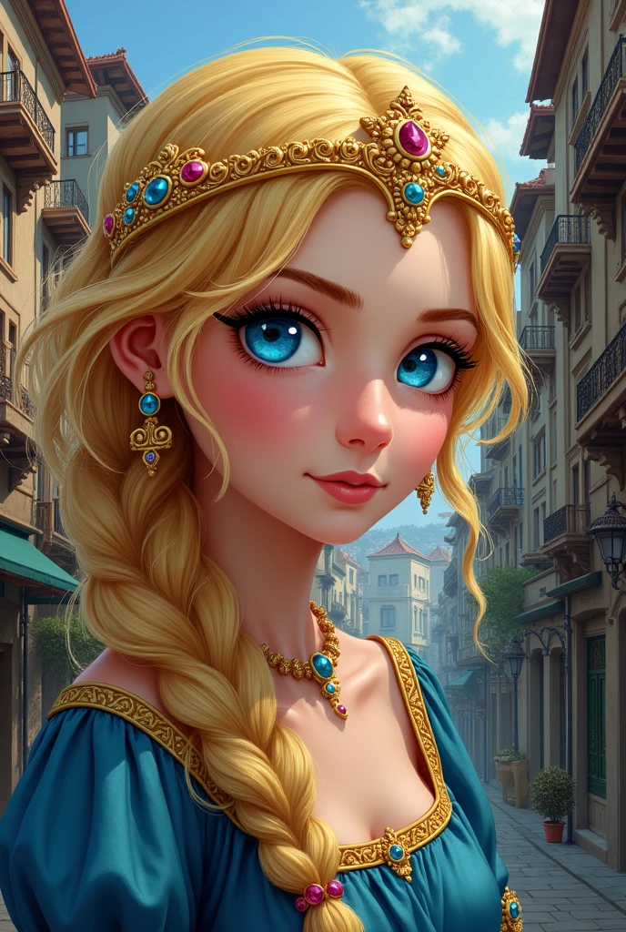 Create for me the cover of my book A Princess in Turkey sardonic kingdom her blond hair and blue eyes. teleported to Turkey in 2024 to the home of a modern, black-haired man. Put the title of the book in Portuguese and my author name Kelly Ramos. Put the title of the book in Portuguese, put details like the two worlds the ancient and the modern.