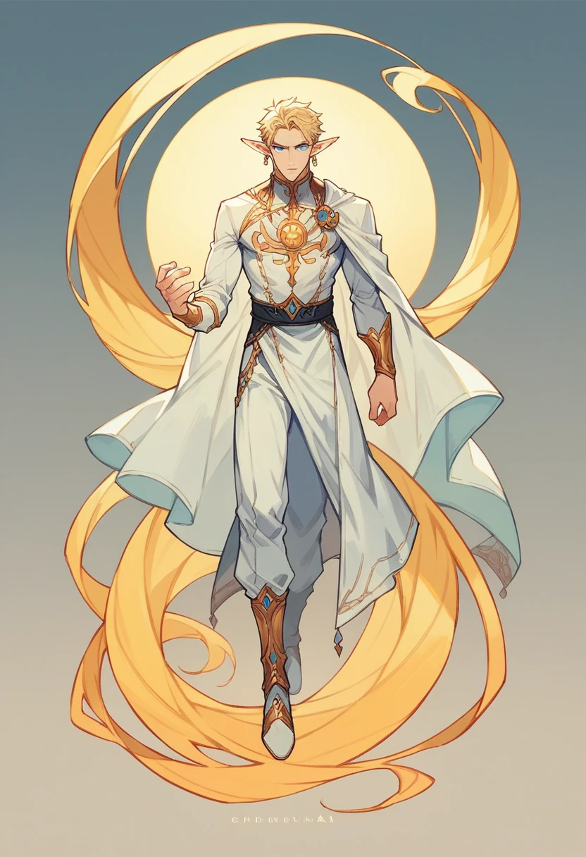 1 Men, Elf, Blue Eyes, Haircut Legolas, Blonde, Long HairWhite Clothes with Golden Symbols, Small Sun Earring in Ear, Full Body, Head Turned Left, Dynamic Pose