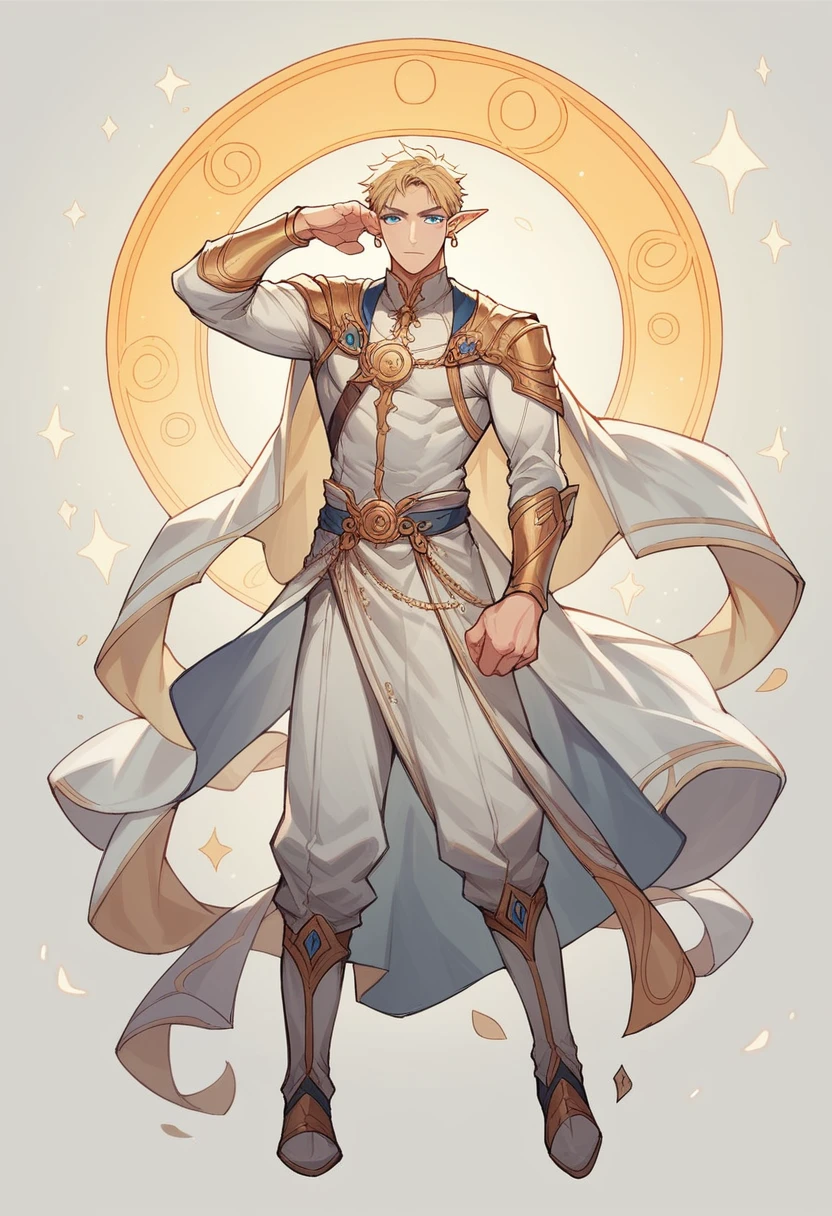 1 Men, Elf, Blue Eyes, Haircut Legolas, Blonde, Long HairWhite Clothes with Golden Symbols, Small Sun Earring in Ear, Full Body, Head Turned Left, Dynamic Pose