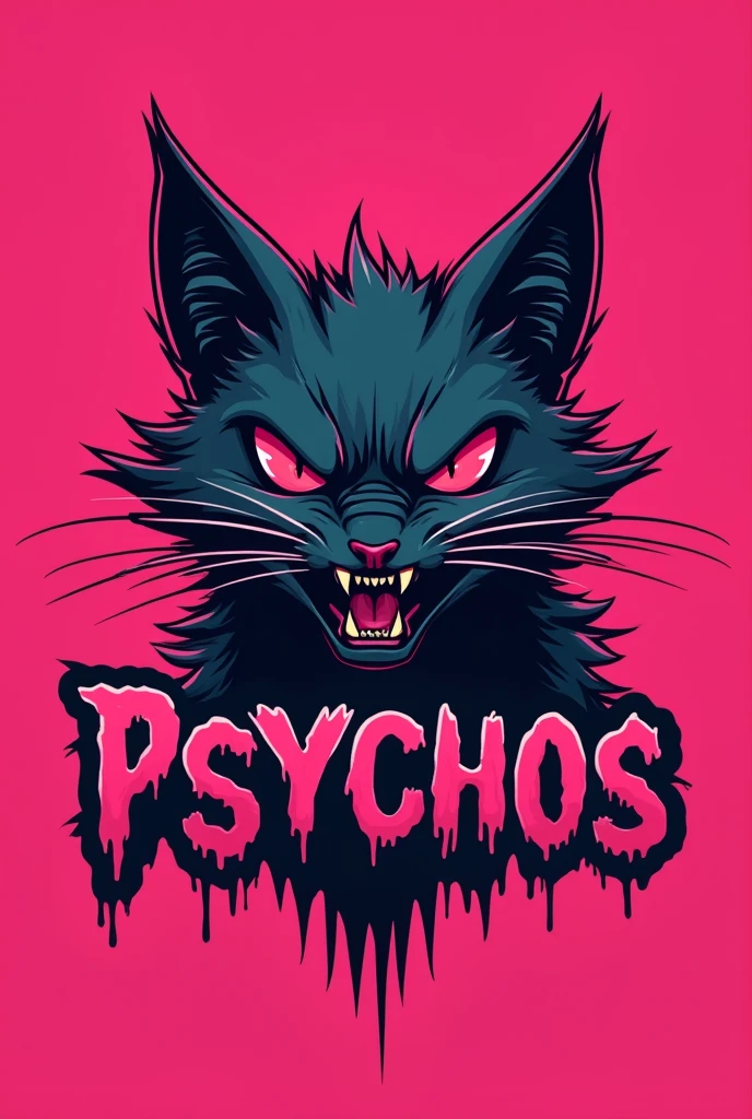 Vector White fierce psycho blushing cat with pink background logo for gaming write PSYCHOS below that looks cool