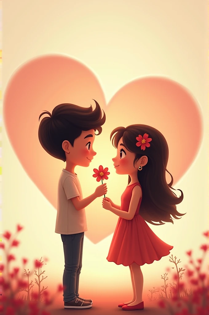 There is a couple of a boy and a girl, both are lovers, there is a romantic background of a heart in the background and it is written Amir ❤️ Sarika, the boy is expressing his love to the girl, the boy has a flower in his hand.